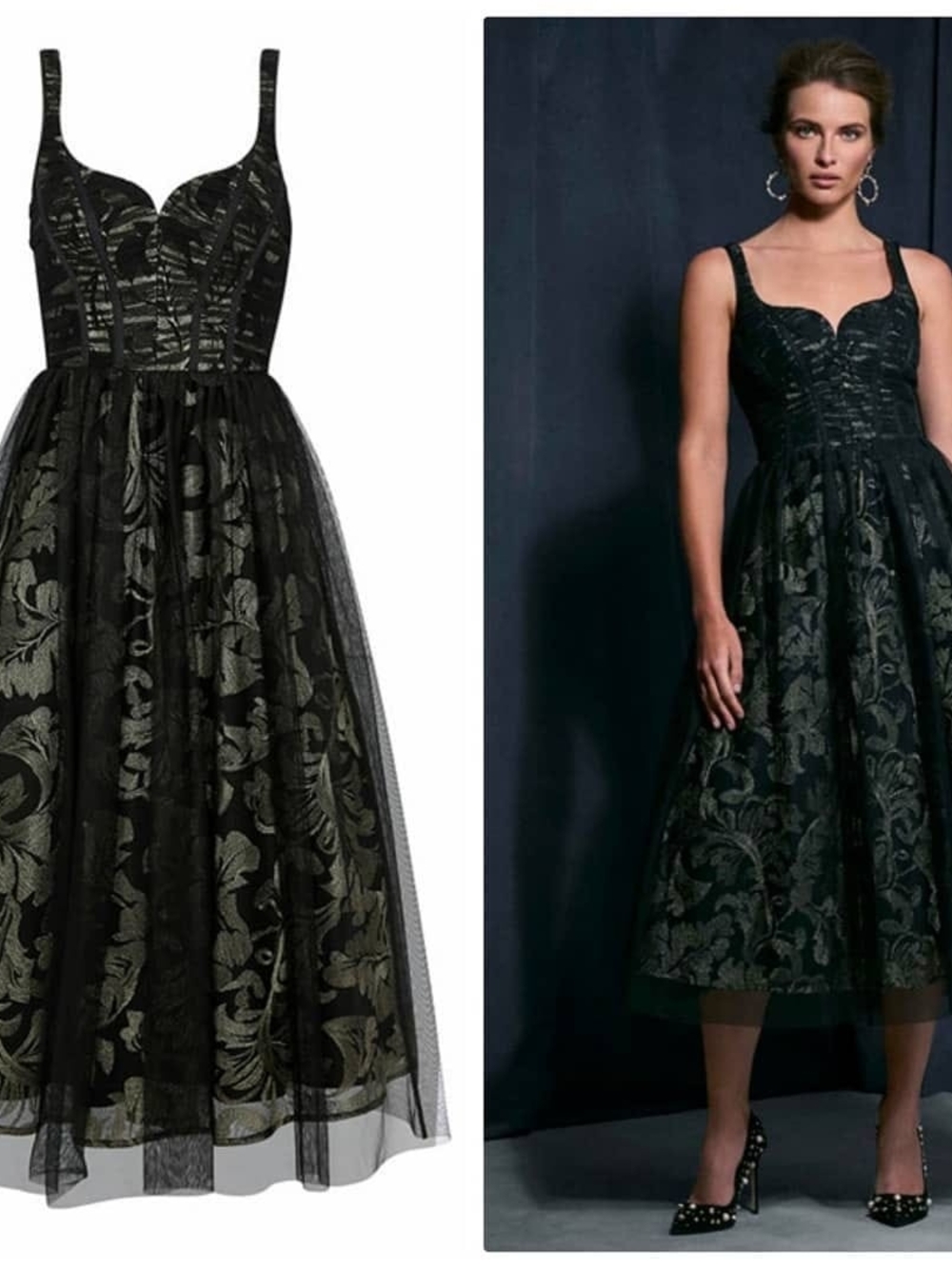 Black Brocade Fit-and-Flare Midi Dress with Tulle Overlay - Picture 1 of 2